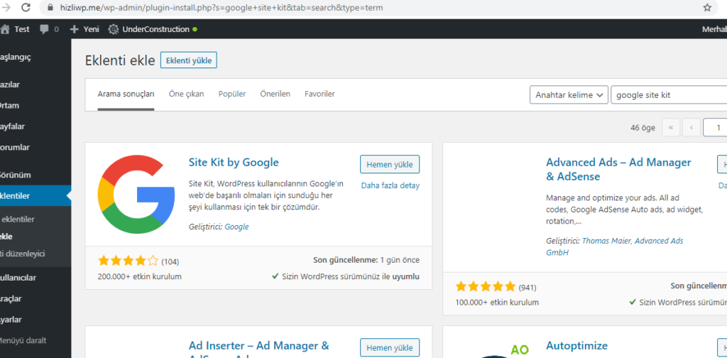 Google Site Kit WordPress Ayarları Yükleme